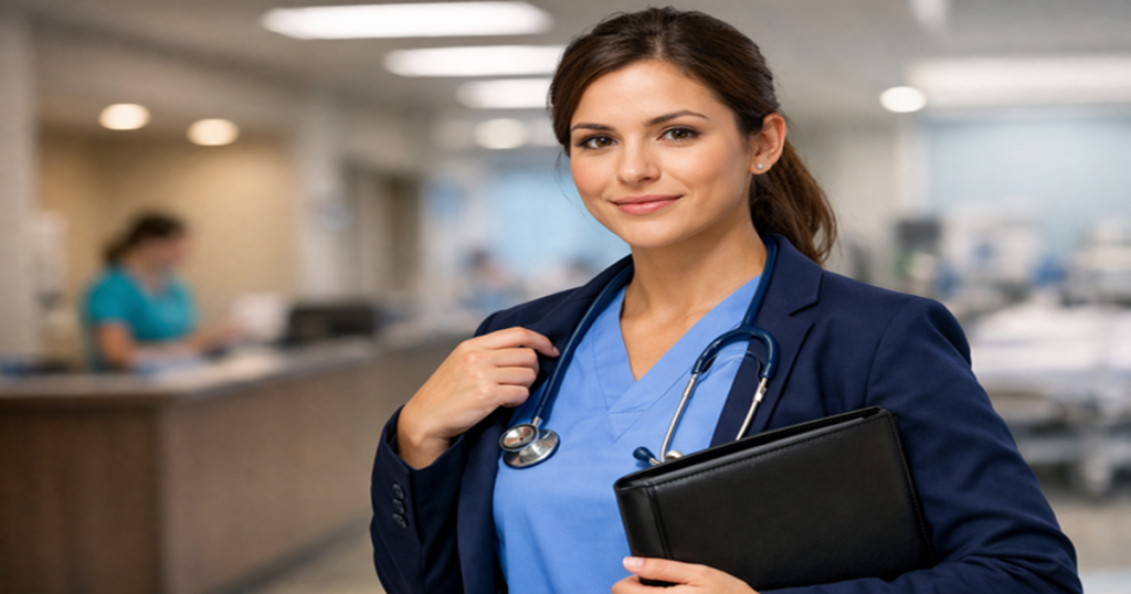 Nurse in professional attire preparing for an interview, confident expression, hospital background