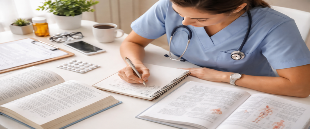 dosage calculations for nursing students — student working through medication math at a desk