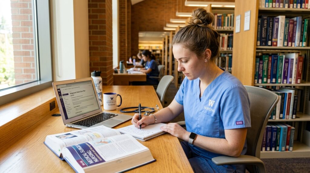 How to write a nursing assignment introduction — student with textbooks and laptop in clinical study environment