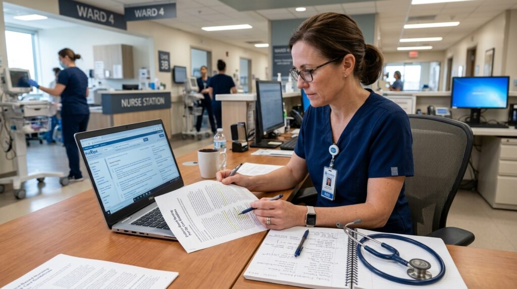 Nurse applying steps of evidence-based practice in nursing during patient assessment