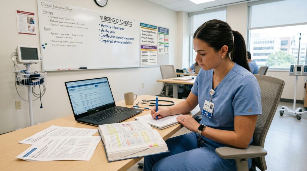 Nursing student formulating a PICOT questions for an evidence-based practice assignment