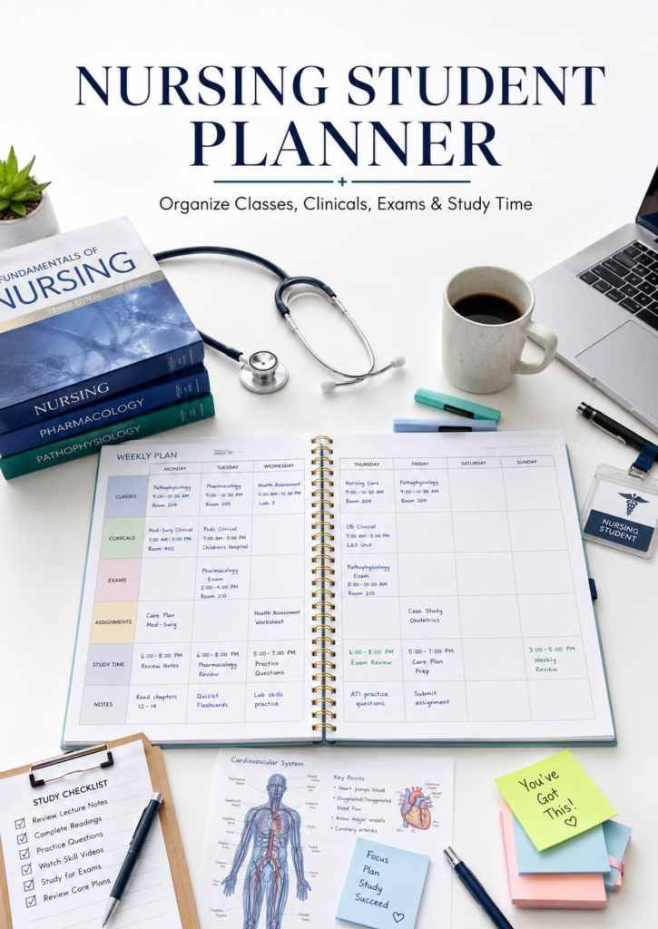 Nursing student using a nursing student planner to organize classes and clinical schedule